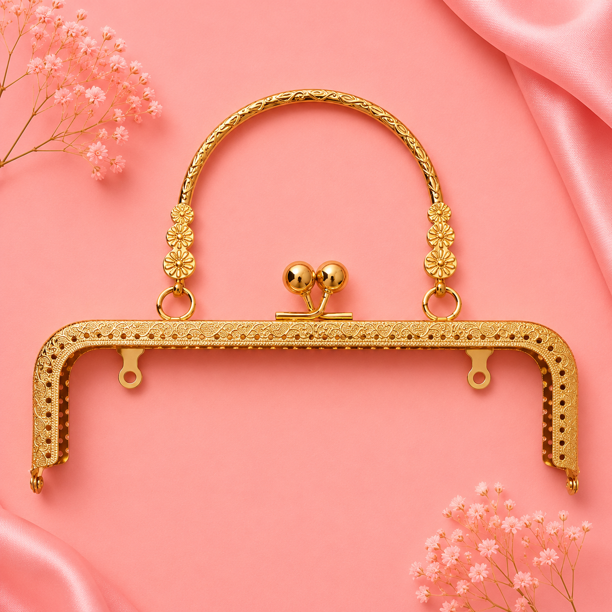 Vintage Gold Metal Clutch Purse Frame with Floral Handle – DIY Handbag Frame